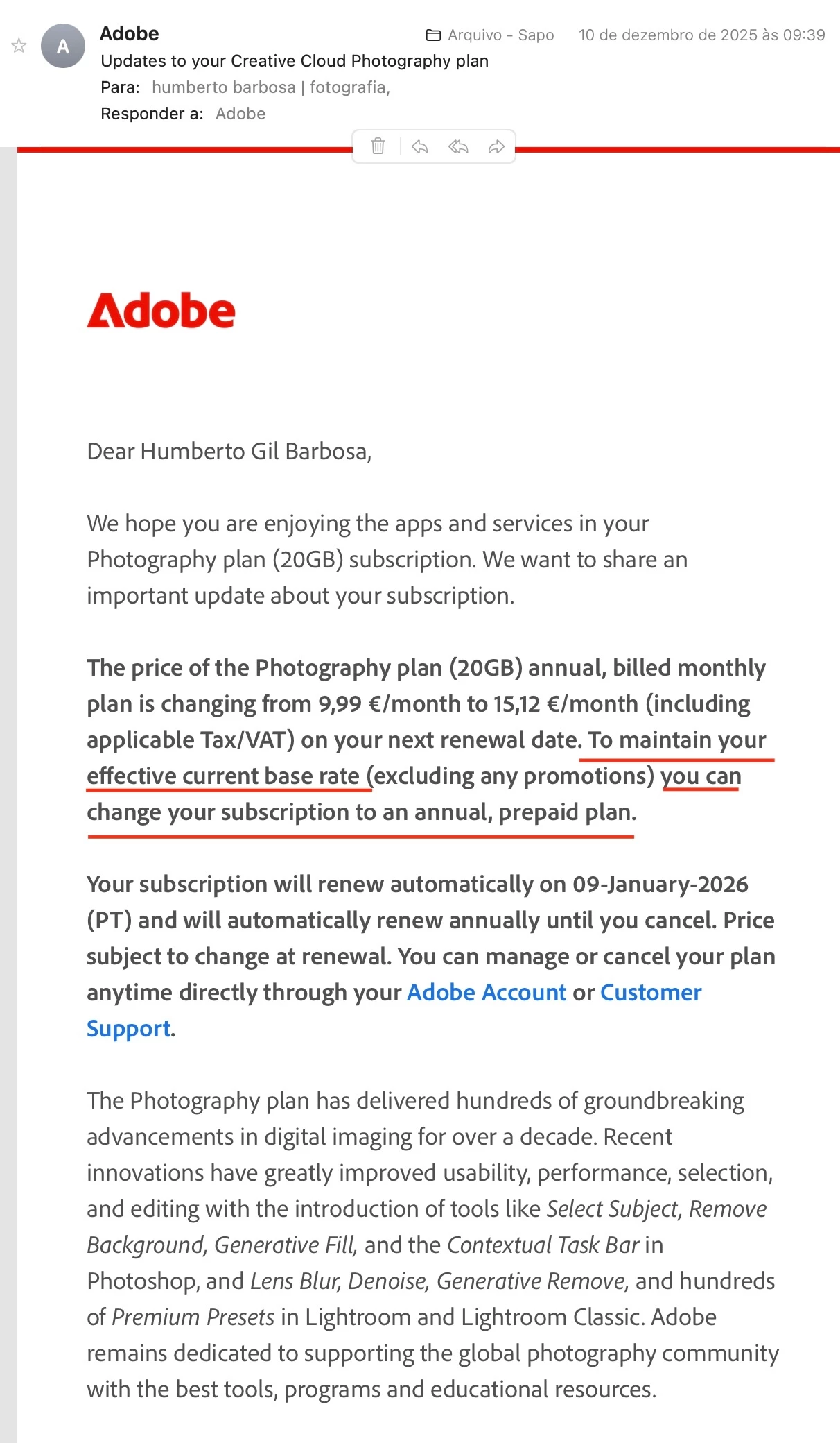 Screenshot of Adobe 2026 price increase notification email