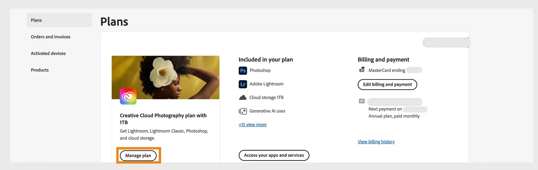 Log into Adobe account and go to Manage Plan
